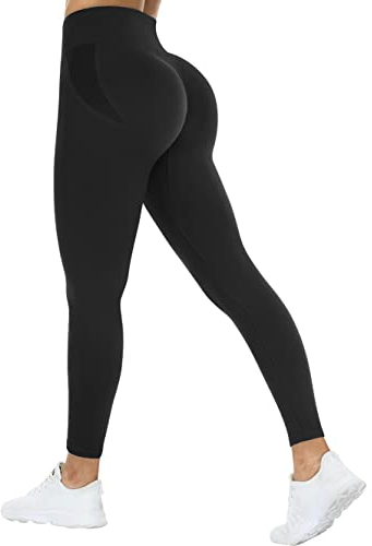 TAYOEA Scrunch Butt Leggings Hoch Taille Workout Legging Blickdicht Kompressions Push up Leggins Lang Seamless Sporthose Fitnesshose Yogahose Schwarz,M