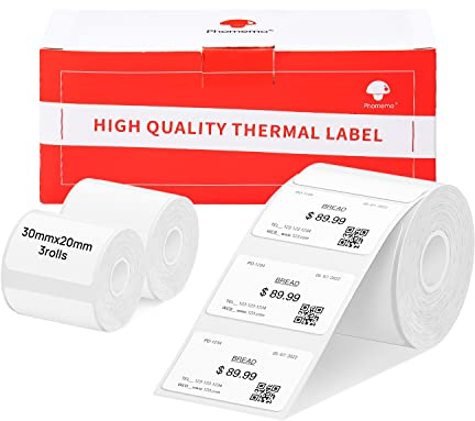 3 Rolls Phomemo M120/M110 Labels, 1.18 x 0.78 Inches (30 x 20 mm) Thermal Label Paper for Phomemo M120/M110/M200/M220 Label Printer, White Thermal Label Paper for Barcode, Address, Price