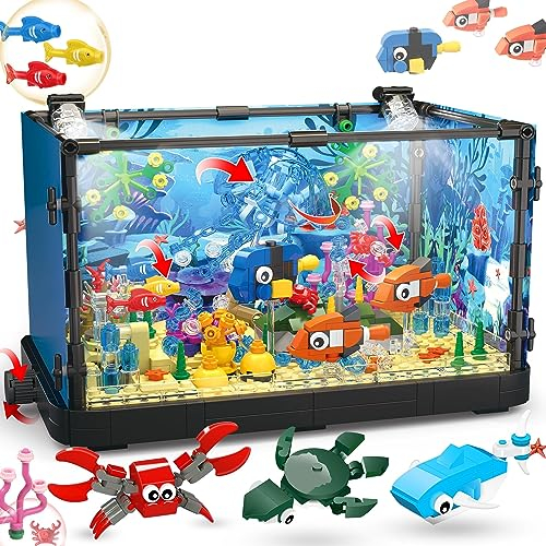 Jorumo Aquarium-Baustein, beleuchtetes, kompatibel mit Lego-Sets für Erwachsene und Kinder, einschließlich Meeresquallen, Fischen, Tierbauspielzeug für Jungen im Alter von 8–12 Jahren, 725 Teile
