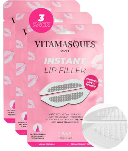 Instant Lip Filler Mask for Plumped Lips in 30 Mins with Vegan Collagen & Hyaluronic Acid - 3 Pack Korean Lip Mask Patches with 400 Dissolving Micro-Darts Tech for Instant & Long-Lasting Results