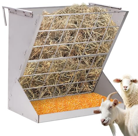 Wall Mount Hay Rack,2 in 1 Goat Hay Feeder Large Capacity 22 H Hay and Grain Feeder Livestock Feeder with Adjustable Distance and Heavy Duty Alloy Steel for Horse Goat Sheep Camel Donkey