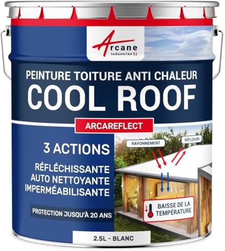 ARCANE INDUSTRIES Cool Roof, Peinture toiture Blanche et réfléchissante, Anti Chaleur et Auto nettoyante : Arcareflect - 2.5 L Blanc