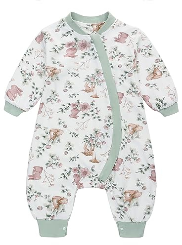 Baby Schlafsack mit Füßen 1 Tog Langarm Babyschlafsack Kinderschlafsack Baumwolle Schlafanzug für Jungen und Mädchen (Grün, L/90)