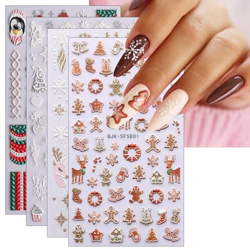 3D Nagelsticker Weihnachten, 4 Blatt 5D Selbstklebend Nagelaufkleber Stereoskopisch Nail Art Sticker Dekoration Nageldesign Zubehör