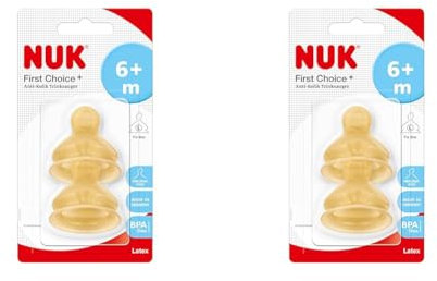 NUK First Choice+ Baby Bottle Teat, 6-18 Months, Latex with Large Feed Hole, Anti-Colic, 2 Count (Pack of 2)