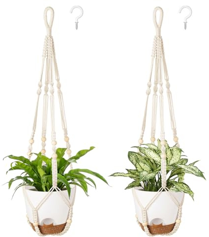 Mkono 19,1 cm hängende Pflanzgefäße, Makramee Pflanzenhänger mit selbstbewässernden Pflanztöpfen für den Innenbereich, 2er Set Hängekörbe, Blumentopfhalter mit Haken, keine Quasten, für