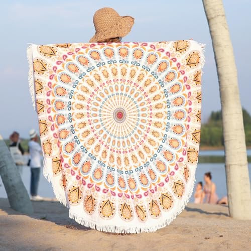 Xisnuient Microfaser Rundes Stranddecke Erwachsene Kinder Teenager Strandtuch Rund Mandala Hippie Groß Yoga Matte Tuch Meditation Tischdecke AufhäNger Decke Picknick Teppich (Orange)