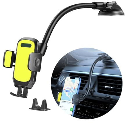 Osilly Car Cell Phone Holder, Vehicle Dashboard Windshield Air Vent Long Arm Hands Phone Mount, Quick Relaease Auto Smartphone Mountner Accessories, Universal for Vehicle, Truck and More（Yellow）