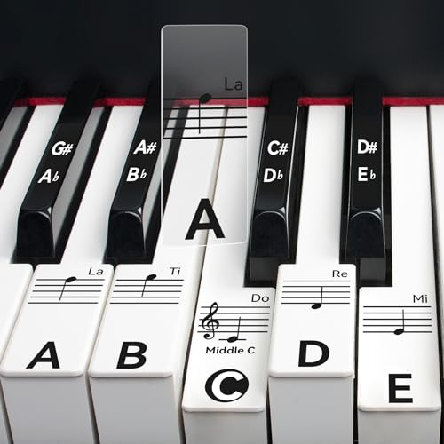 runzoos 2 Sheets Piano Keyboard Stickers for 88/76/61/54/49 Keys, Transparent and Removable Piano Stickers for Beginners and Kids, Keyboard Letters Labels Notes Guide (Black)