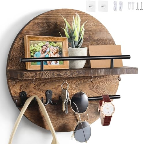 Dxiunove Schlüsselboard Vintage Holz mit Ablage Schlüsselbrett Rund Schlüsselhalter für Zuhause Dekorative Wandmontage Schlüsselbrett mit Vintage Charme(Braun)