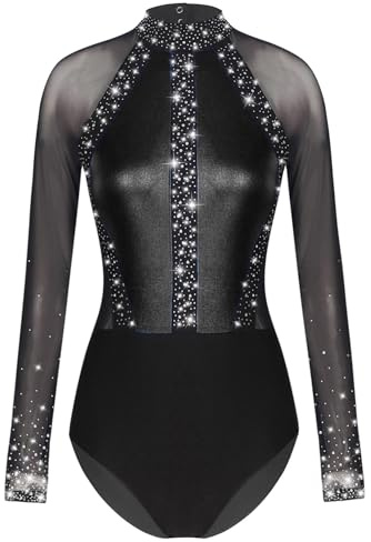 iEFiEL Turnanzug Damen Langarm Gymnastikbody Mit Strass Patchwork Metallic Tanzbody Ballett Trikotanzug Leotards Wettbewerb Schwarz M