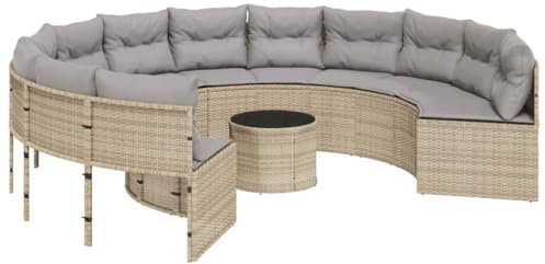 vidaXL Gartensofa mit Tisch und Kissen Rund Beige Poly-Rattan, Terrassensofa, Loungesofa, rundes Sofa, Outdoor Sofa, Loungemöbel, Sofa rund