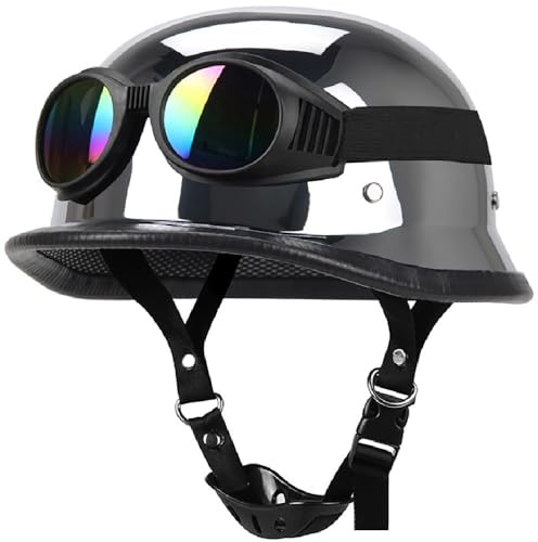 Vintage Caschi Cromwell, Casco a Scodella con Occhiali Antivento, ECE Omologato Mezzo Elmetto da Moto retrò per Uomo E Donna Biker Cruiser Scooter Touring