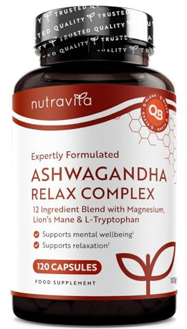 Ashwagandha KSM-66 7200mg Before Extraction, Relax Complex with Magnesium, Lion's Mane L-Tryptopha, Supports Relaxation, Mental Wellbeing & Reduction in Fatigue - 120 Capsules by Nutravita