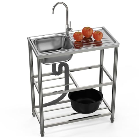 Lavello in Acciaio Inox,Lavello Cucina Con Banco set di lavandini per ristoranti commerciali con rubinetto Facile da Mantenere Lavandino Camper per garage, lavanderia, giardino esterno 100 * 50cm