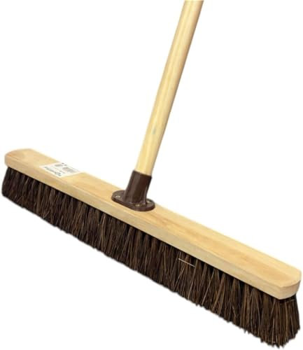 24” STIFF Bassine Broom Outdoor Yard Broom Sweeping Brush Natural Stiff Bristles with Wooden Handle Garden Brooms for Cleaning Patio Yards Driveways Warehouse and Garage 60cm
