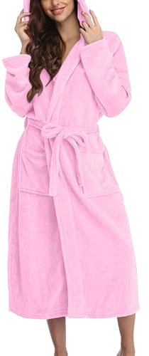 Damen-Bademantel mit Kapuze, leicht, weich, plüschig, lang, Flanell, Nachtwäsche, Kapuzen-Bademantel, lang, warm, flauschig, kurz, rose, XXL