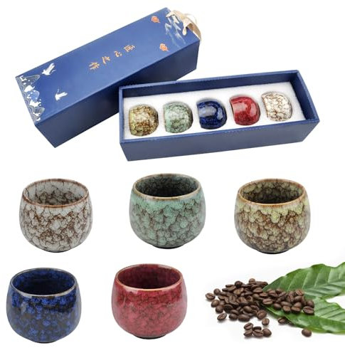 DAWRIS 5Pcs 130ML Coffee Cups Ceramic Mug Set with Exquisite Box, Small Japanese Tea Cups Stoneware Mug Handleless, Chinese Teacups for Coffee Espresso Macchiato Tea Wine Drinks, Dishwasher Safe