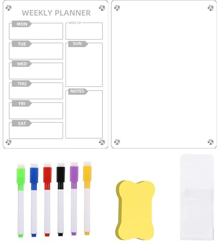 Lot de 2 calendriers en acrylique pour réfrigérateur - Planificateur hebdomadaire effaçable - Magnétique avec 8 marqueurs de couleur - Planificateur ménager - Tableau mémo