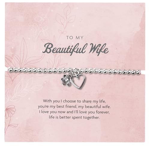 Beautiful Wife Bracelet – Heart & Flower Charm Gift | Anniversary, Birthday & Valentine’s Jewellery for Wife | Elegant Boxed Bracelet