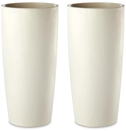 Tecnokit Maceta para Plantas de Interior y Exterior, diseño Moderno con Efecto Cemento, Almendra y Antracita, Jardinera Alta con platillo Hierba musa, Mate, 35 x 70 y 35 x 90 (2 Unidades, 35 x 70 cm)