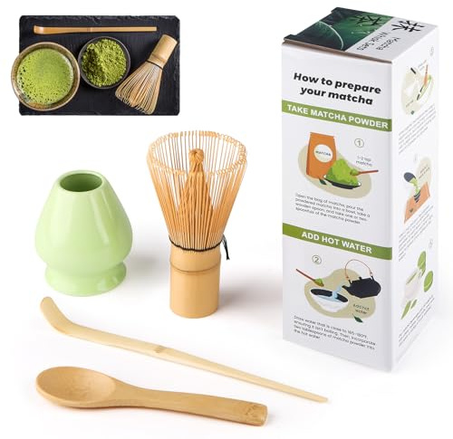 Kit de 4 pièces à matcha, fouet à matcha, service à thé Macha avec cuillère à matcha, porte-fouet, fouet à matcha en bambou, accessoires à matcha traditionnels japonais pour cérémonie du thé meilleur