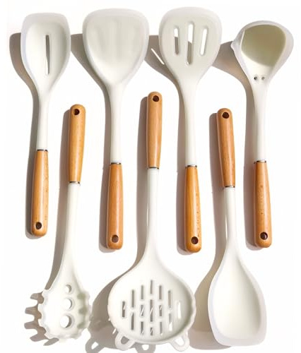 Set di utensili da cucina in silicone di qualità, atossici, resistenti al calore, con manici in silicone per uso alimentare e legno, include spatola e cucchiaio per pentole antiaderenti, bianco