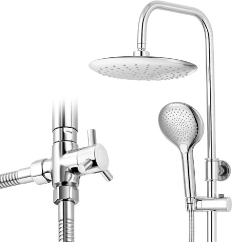 Ronvie Regendusche ohne Armatur Chrome, Duschgarnitur mit 23 cm Rund Regendusche und 3 Strahlarten Duschkopf, Duschsystem ohne Armatur Höhenverstellbar Duschstange von 79-128cm