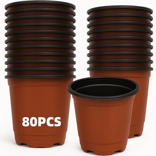 Olicky 80 Pcs Plastic Plant Pots 10cm – Seedling Starter Flower Pots for Indoor & Outdoor Gardening, Reusable Nursery Pots for Vegetables, Herbs & Succulents