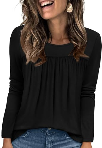 WIHOLL Long Sleeve Black Tops Women Sweatshirts for Women uk Crew Neck Tunic Tops Pleated Ladies Blouses Black Size 14-16