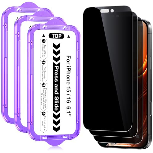 Ksleri 3 Pezzi Privacy Pellicola Protettiva per iPhone 16/15 6,1 Pollici, Anti-Spy Vetro Temperato 9H con Strumento di Auto-Installazione Facile, Vetrino Protezione Film Anti-Spia 25°