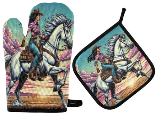 2 pezzi Presine E Guanti Da Barbecue Uni-Corn Beautiful Cowgirl Sunset Guanti Da Cucina Divertenti Guanti Da Barbecue Per Microonde, Cucina, Cottura Al Forno