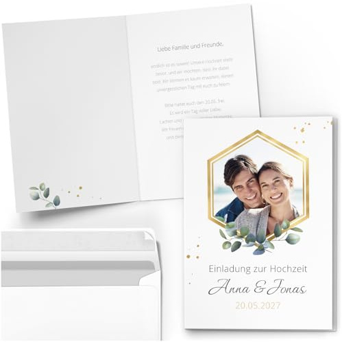 10 Einladungskarten Hochzeit personalisiert mit Foto und Text Eukalyptus | Hochzeitseinladungskarten Einladung doppelseitig Karten mit Umschlägen Blumen Boho Gold