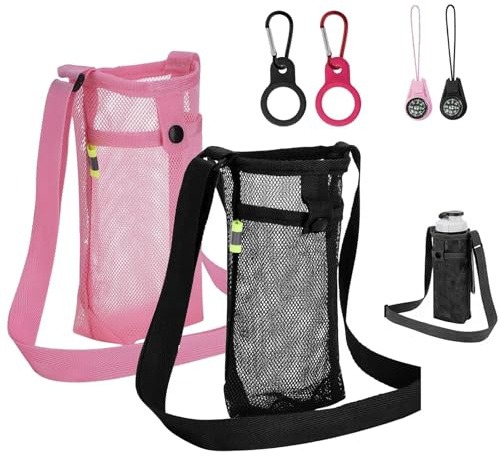 Lote de 2 bolsas para botella de malla, portabotellas con correa ajustable, incluye 2 cierres para botella y 2 brújulas, ideal para senderismo, bicicleta de montaña, viajes, camping
