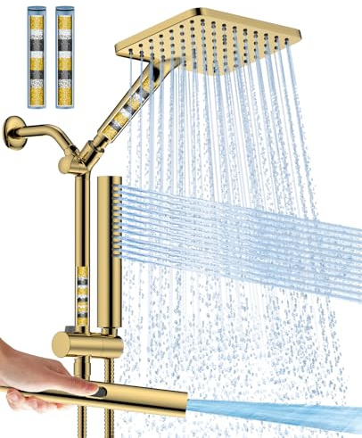 Hombeter Filtered Shower Head with Handheld Spray Combo High Pressure Rain Shower Head Dual Shower Head with Filters - Removes Chlorine Height Adjustable & Built-in Power Wash (Gold)