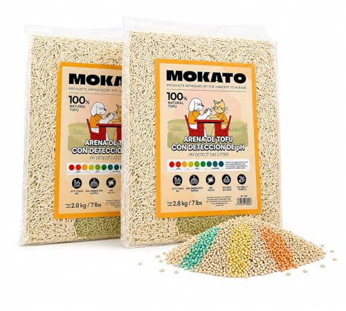 Arena de Tofu para Gatos con Indicador de pH - Pack 2 (5,6 kg) Mayor Duración | Detecta Problemas Urinarios, Sin Polvo, Aglomerante, Antiolor, Biodegradable - Mokato