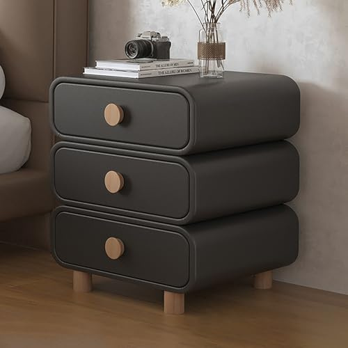 Mesita de noche moderna, mesa de noche con 3 cajones y patas de madera maciza, mesita de noche de cuero rústico y moderno, mesa auxiliar de madera curvada con almacenamiento para dormitorio, sala de