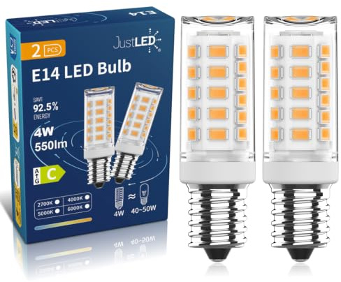 JustLED E14 LED Light Bulb, Small Screw Light Bulbs Warm White 2700K, 500LM, AC 220-240V, 3W E14 Bulbs (30-40W Equivalent), Class C, Pack of 2 (2700K Warm White 2 Pack)