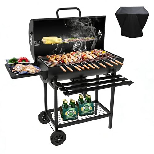 TEENO Holzkohlegrill, Holzkohlegrill, mit XXL-Grillrost, große Größe, Anti-Brennhandschuhe, Thermometer, Ascheschublade, verstellbarer Lüftungsschacht (mit Stoffdeckel)