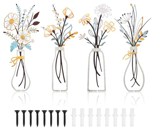 SRunDe 4 Stück Wanddeko Metall Blumen Wanddekoration Bunte Metallbilder | Wandschmuck Wandskulptur Bunte Metall Blumen Deko für Innen Wohnzimmer Küche Esszimmer Flur Schlafzimmer Badezimmer Garten