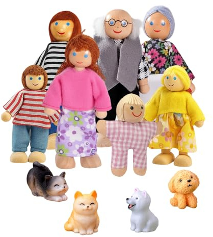 RQcMid 11 Stück Biegepuppen für Puppenhaus, Puppenhaus Puppen, Puppenhaus Figuren Familie, Kleine Figuren Menschen für Puppenhäuser, Holz Spielzeug für Kinder, Ideal für Rollenspiele und Geschenk