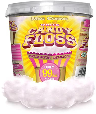 MacCorns - White Cotton Candy Floss - 10ltr Resealable Mega Bucket - Traditional Spun Candy Floss, Ideal for Cocktails, Desserts Garnish and Parties