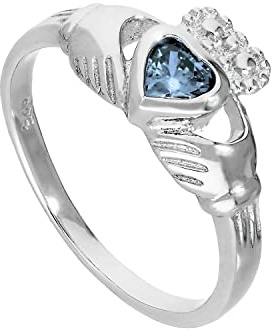 Bague de Claddagh en Argent 925/1000 et Oxyde de Zirconium de Naissance Bleu Vif Décembre - Taille 60