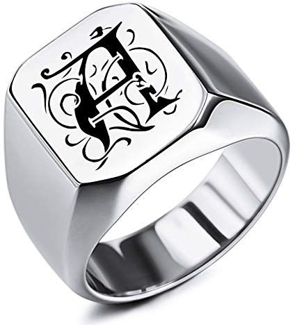 MeMeDIY Benutzerdefinierte Gravur Initialen Monogramm Siegelring für Männer Frauen Jungen Herren Ringe Edelstahl, Bundle mit Ringgrößeneinstellern (Schwarz Blau Silber Goldfarben, Größe 54-75)
