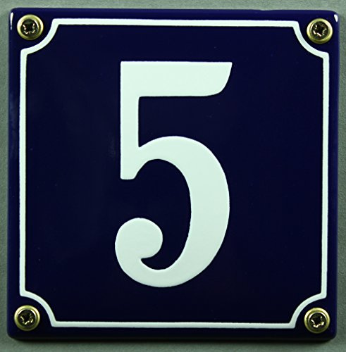 Emaille Hausnummernschild - Wählen Sie Ihre Nummer - Zahlen 1 bis 30 verfügbar - blau/weiß 12x12 cm und 12x14cm - sofort lieferbar! Hausnummer Schild wetterfest und lichtecht (5 blau/weiß 12x12cm)