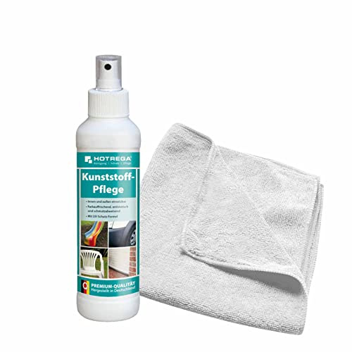 HOTREGA Kunststoffpflege 250 ml | Reinigend und farbauffrischend | Pflege für Kunststoff und Gummi mit UV-Schutz | inkl. Microfasertuch 40x40cm