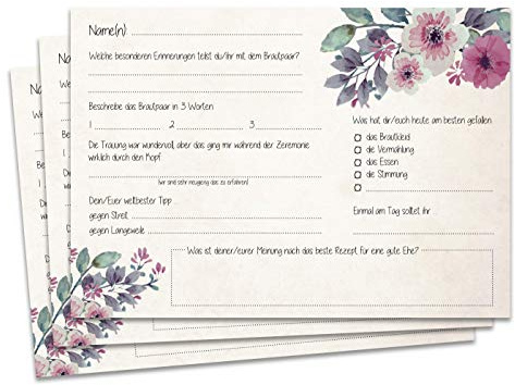 Gästebuchseiten Gästekarten DINA5/A6 - Schöne Fragekarten zum Ausfüllen und Einkleben ins Gästebuch Hochzeit mit Fragen … (Blumen, DINA5)