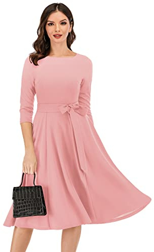 DRESSTELLS Robe Femme de Cocktail Mariage Soirée Cérémonie Vintage col Rond Robe de Soiree Femme Robe Manches 3/4 Rougissement M