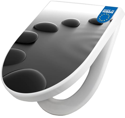 banjado WC Sitz mit Absenkautomatik D Form - Toilettendeckel mit Absenkautomatik D Form - Klodeckel Softclose - stabile Klobrille - Toilettensitz Weiß - Motiv Schwarze Steine