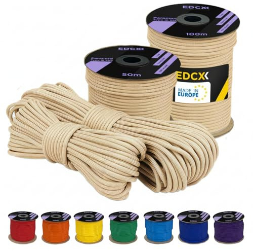 EdcX 4 mm Polyester Paracord 550 (15, 30 et 50 m) – 4 mm Type III, Corde de Parachute résistante à la déchirure pour la Survie 100% Polyester avec 7 Fils | Couleurs Unies